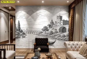 วอลเปเปอร์เส้นปราสาทยุโรปสีเทาใต้แสงไฟบนผนังห้องรับแขกโทนครีมอ่อน ทำให้ห้องดูโปร่งอบอุ่นและผสมผสานเฟอร์นิเจอร์ไม้กับโซฟาครีมได้อย่างลงตัวเพื่อเพิ่มความหรูหรา