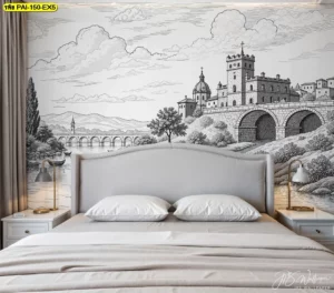 วอลเปเปอร์ห้องนอนยุโรปวินเทจ สีเทาโทนอ่อนตกแต่งเข้ากับเตียงหัวสูงสีเทา สร้างบรรยากาศสงบและผ่อนคลายในห้องนอนอย่างสมบูรณ์แบบ