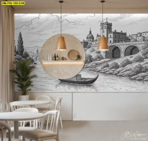 วอลเปเปอร์ภาพวาดวินเทจ ตกแต่งร้านอาหารสไตล์สแกนดิเนเวียนเก้าอี้สีขาวและชั้นวางกลมไม้สร้างจุดเด่นที่น่าสนใจ