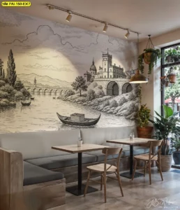 วอลเปเปอร์ภาพวาดวินเทจ ตกแต่งร้านอาหารสไตล์อินดัสเทรียลโซฟาหนังสีเทาและโต๊ะไม้พร้อมต้นไม้ใหญ่สร้างบรรยากาศธรรมชาติ