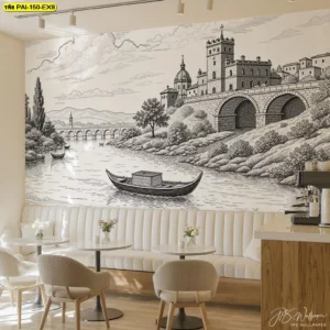 วอลเปเปอร์ลายยุโรปวินเทจติดผนังร้านอาหารสไตล์โมเดิร์นมินิมอลโซฟาสีขาวและโต๊ะไม้ธรรมชาติ