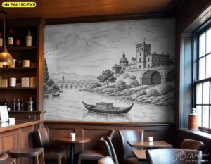 วอลเปเปอร์ลายยุโรปวินเทจตกแต่งร้านอาหารสไตล์อินดัสเทรียลเบาหนังสีน้ำตาลและโต๊ะไม้ สร้างบรรยากาศธรรมชาติ