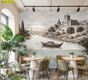 รูปติดผนังลายยุโรปคลาสสิกในร้านอาหารสไตล์ทรอปิคอลเก้าอี้สีน้ำตาลทองและต้นไม้เขตร้อนสร้างความสดชื่น