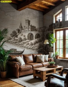 ภาพวอลเปเปอร์วิวปราสาทยุโรปโทนน้ำตาลเข้มบนผนังห้องที่มีโซฟาหนังสีน้ำตาลและโต๊ะไม้ เพิ่มบรรยากาศอบอุ่นพร้อมกลิ่นอายคลาสสิกระดับพรีเมียม เหมาะกับผู้ใหญ่ที่ชื่นชอบสไตล์ยุโรป