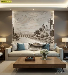 วอลเปเปอร์ห้องรับแขกยุโรปคลาสสิก โทนอบอุ่นระดับกลางบนผนังโซฟาครีมหมอนน้ำเงิน ภาพวิวปราสาทยุโรปเส้นละเอียดที่ให้มิติและสไตล์ครบครัน