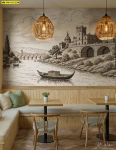 ภาพศิลปะยุโรปโบราณตกแต่งร้านอาหารสแกนดิเนเวียนเก้าอี้ไม้และโต๊ะไม้ธรรมชาติบรรยากาศอบอุ่น