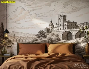 วอลเปเปอร์ห้องนอนยุโรปวินเทจ อบอุ่นสไตล์เรียบง่ายตกแต่งด้วยรูปติดผนังลายภาพวาดปราสาทโทนสีน้ำตาล-ครีมธรรมชาติ