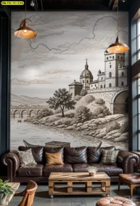 วอลเปเปอร์ภาพวิวยุโรปปราสาทโดมสูงโทนเซเปียคมชัดขนาดสูงพิเศษสร้างจุดเด่นกำแพงหลักในคาเฟ่โฮมสไตล์อินดัสเทรียลผู้รักงานศิลป์