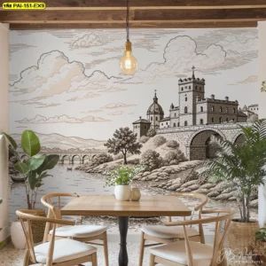 วอลเปเปอร์ภาพวาดวินเทจ ตกแต่งร้านอาหารสไตล์รัสติกเก้าอี้ไม้ธรรมชาติโต๊ะเหลี่ยมพร้อมต้นไม้เขตร้อนสร้างบรรยากาศอบอุ่น