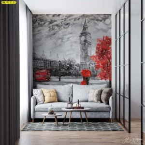 ห้องนั่งเล่นสไตล์โมเดิร์นตกแต่งด้วยวอลเปเปอร์ภาพวิวลอนดอนโทนสีแดงและเทาพร้อมโซฟาสีเทาและโต๊ะกาแฟไม้สำหรับครอบครัวรสนิยมดี