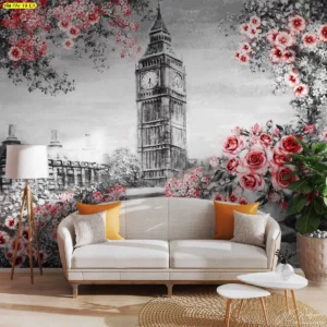 ภาพตกแต่งห้องนั่งเล่นด้วยวอลเปเปอร์แลนด์มาร์กลอนดอนผสมลวดลายดอกไม้สีแดงสไตล์วินเทจโรแมนติก
