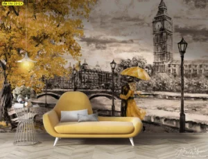 ห้องนั่งเล่นหรูหราตกแต่งด้วยวอลเปเปอร์ภาพวิวลอนดอนโทนสีทองและเทาพร้อมโซฟาสีเหลืองสไตล์คลาสสิก
