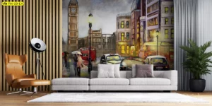 ภาพทิวทัศน์เมืองลอนดอนยามค่ำคืน พร้อมหอนาฬิกาบิ๊กเบนและรถยนต์บนถนน สร้างบรรยากาศคลาสสิกน่าค้นหาให้ห้องนั่งเล่น