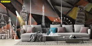 วอลเปเปอร์ลายเส้นกราฟิกแลนด์มาร์กสำคัญของยุโรปบนพื้นหลังลายแอ็บสแตร็ก เหมาะสำหรับตกแต่งห้องนั่งเล่นสไตล์โมเดิร์นให้ดูมีมิติ