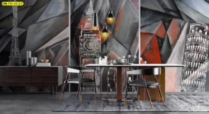 ภาพติดผนังลายกราฟิกสถาปัตยกรรมยุโรปสำหรับห้องอาหาร เน้นโทนสีเข้ม เทา ดำ ส้ม ช่วยสร้างบรรยากาศให้ดูเท่และร่วมสมัยไม่เหมือนใคร