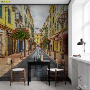 วอลเปเปอร์สั่งพิมพ์ภาพวาดตรอกซอกซอยในอิตาลีสไตล์อิมเพรสชันนิสม์ โทนสีเหลืองอบอุ่น ตกแต่งมุมพักผ่อน