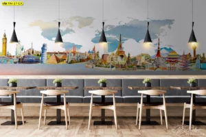 ภาพวาดสีน้ำลายเส้นรวมแลนด์มาร์กสำคัญทั่วโลกบนพื้นหลังแผนที่โลก เหมาะสำหรับตกแต่งร้านอาหารเพื่อสร้างแรงบันดาลใจในการเดินทาง