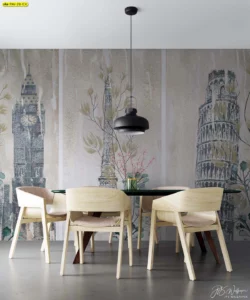วอลเปเปอร์ภาพวาดแลนด์มาร์ก ยุโรปตกแต่งห้องรับประทานอาหารสไตล์โมเดิร์นมินิมอลพร้อมโต๊ะและเก้าอี้ไม้