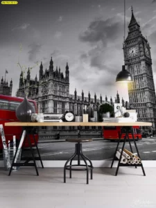 วอลเปเปอร์ภาพบิ๊กเบนสำหรับห้องประชุม ตกแต่งห้องทำงานสไตล์โมเดิร์นคลาสสิกโทนสีขาวดำ สร้างบรรยากาศสุขุม