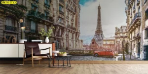 ภาพพิมพ์แคนวาสลายหอไอเฟลจากร้านพิมพ์วอลเปเปอร์ชั้นนำ ตกแต่งห้องรับแขกสไตล์วินเทจปารีเซียงโทนสีอบอุ่น