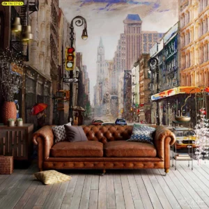 ภาพวาดวิวเมืองใหญ่สไตล์สีน้ำคลาสสิกสำหรับตกแต่งห้องทำงาน ติดตั้งบนผนังหลังโซฟาสีน้ำตาลเข้ม สร้างบรรยากาศสุขุม