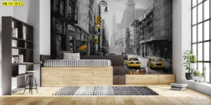 ห้องเด็กหรือห้องนอนเสริมตกแต่งด้วยวอลเปเปอร์ภาพวิวนิวยอร์กโทนสีเหลืองและเทาพร้อมเตียงไม้และชั้นหนังสือแบบบิลท์อิน