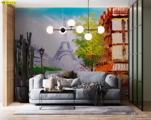 วอลเปเปอร์วิวตึกเมืองยุโรป ภาพวาดศิลปะหอไอเฟลและอาคารในกรุงปารีส ตกแต่งผนังห้องนั่งเล่นสไตล์โมเดิร์นให้ดูโปร่งและมีชีวิตชีวาด้วยโทนสีสดใส