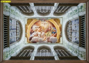 ภาพงานศิลปะคลาสสิกตกแต่งภายในเพดานสไตล์โรมันโทนสีทองคลาสสิกพร้อมลวดลายสถาปัตยกรรมโบราณ