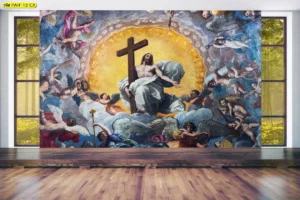 ภาพตกแต่งสไตล์คลาสสิกห้องนั่งเล่นลายการฟื้นคืนพระชนม์ของพระเยซูบนสวรรค์มีกางเขนเทวดาล้อมรอบติดผนังห้องพื้นไม้สีน้ำตาล