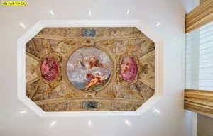 ภาพงานศิลปะคลาสสิกตกแต่งภายในเพดานสไตล์โรมันโทนสีทองคลาสสิกพร้อมลวดลายสถาปัตยกรรมโบราณเทวดาบนสวรรค์