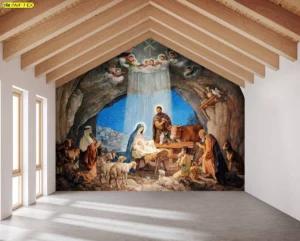 วอลเปเปอร์ภาพศิลปะกรีกโรมัน ติดผนังห้องโล่งเพดานไม้สไตล์การประสูติพระเยซูในถ้ำมีพระแม่มารีพระยอเซฟเทวดาแกะและผู้เลี้ยงแกะ