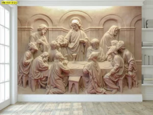 ภาพตกแต่งสไตล์คลาสสิกห้องนั่งเล่นลายภาพวาดอาหารเย็นมื้อสุดท้ายติดผนังสีครีมในห้องโล่งมีแสงธรรมชาติ