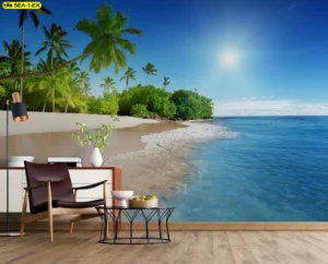 วอลเปเปอร์วิวชายหาด โทนฟ้าน้ำทะเลสดใสกับชายหาดทรายขาวและแนวต้นมะพร้าว สร้างมุมพักผ่อนให้โปร่งโล่ง เหมาะกับเฟอร์นิเจอร์ไม้อ่อนและเก้าอี้หนัง เพื่อบรรยากาศสงบผ่อนคลายในห้องนั่งเล่น
