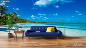 วอลเปเปอร์ธีมทะเล วิวหาดทรายขาว ท้องฟ้าฟ้าเข้ม น้ำใสตื้น โซฟาน้ำเงินและพร็อพไม้ สร้างลุคทรอปิคัลโมเดิร์นสำหรับห้องนั่งเล่นส่วนกลาง
