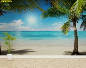 วอลเปเปอร์ห้องเด็กลายทะเล บรรยากาศเงียบสงบ เงาต้นมะพร้าวทอดบนชายหาด น้ำทะเลสีเทอร์ควอยส์และดวงอาทิตย์นุ่มนวล ตอบโจทย์สำหรับคลินิกเด็กหรือคาเฟ่