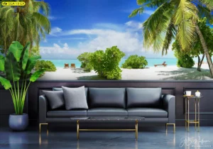 ภาพเกาะสวรรค์น้ำใสตกแต่งห้องรับแขกหรูหรา โซฟาหนังดำโต๊ะทองเหลืองสร้างพื้นที่พักผ่อนระดับพรีเมียม