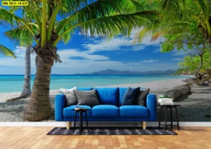 ภาพชายหาดต้นมะพร้าว กับโซฟาน้ำเงินในเลานจ์ สื่อบรรยากาศทรอปิคัลสำหรับโฮมสเตย์ที่ต้องการเอกลักษณ์