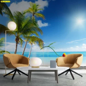 รูปภาพวิวทะเลสีน้ำเงินใสพร้อมเก้าอี้หนังสีน้ำตาลและโต๊ะสีขาวในห้องรับแขกสไตล์โมเดิร์นทันสมัยดูสะอาดตาและเงียบสงบ