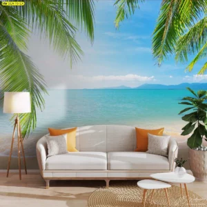 มิวรัลชายหาด หลังโซฟาเบจ โทนฟ้า–เขียวขุ่น กรอบใบปาล์มด้านบน เสริมมุมต้อนรับที่พักให้เช่าบรรยากาศคอสตัลเป็นกันเอง