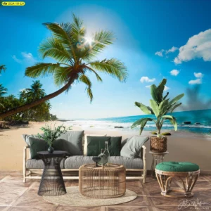 วอลเปเปอร์ชายหาดทรายสีทองและต้นมะพร้าวตกแต่งในห้องรับแขกที่มีโซฟาหนังและโต๊ะหวาย ช่วยเพิ่มบรรยากาศผ่อนคลายคล้ายอยู่ชายทะเล