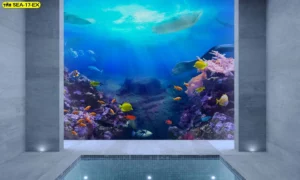ภาพใต้น้ำโทนฟ้า‑ม่วงรหัส SEA‑17‑EX สำหรับสตูดิโอ/คลินิกเด็ก วัสดุ PVC‑free ผลิตตามขนาดเพื่อทำผนังเด่น