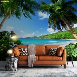 วอลเปเปอร์ธีมทะเล วิวชายหาดปาล์มเอนทาบเฟรม น้ำทะเลสีคราม เทือกเขาเขียวระยะไกล จับคู่โซฟาหนังสีน้ำตาลสร้างบรรยากาศรีสอร์ต