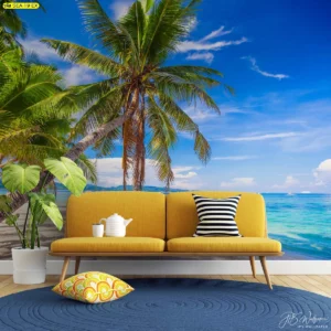 มิวรัลต้นมะพร้าวเด่นมุมขวา ฟ้าสด เส้นขอบฟ้าชัด น้ำทะเลใสคู่โซฟาเหลืองหมอนลายทาง เหมาะทำฉากถ่ายรูปพื้นที่ส่วนกลาง