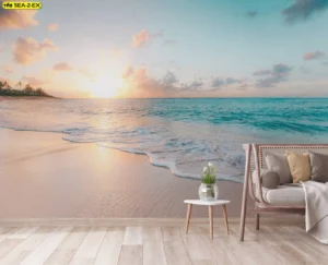 ภาพศิลปะพระอาทิตย์ทอแสงเหนือผิวน้ำสีเทอร์ควอยซ์ โทนอุ่นละมุน เติมความสบายตาให้มุมพักผ่อน จับคู่โซฟาไม้หวายและหมอนเอิร์ธโทนให้บรรยากาศอบอุ่น