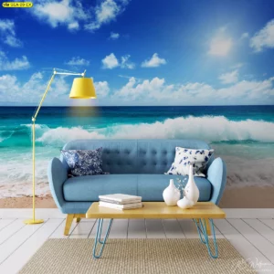 คลื่นทะเลซัดฝั่งเป็นฉากแบ็กดร็อปหน้าเคาน์เตอร์ โทนฟ้าน้ำทะเลเหมาะคอนเทนต์วิดีโอสั้น