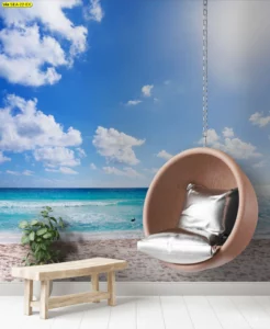 ภาพทะเลฟ้าใสเมฆขาว สไตล์มินิมอล จับคู่ชั้นไม้อ่อนและกระถางสีเขียวเล็กๆ ให้ห้องทำงานดูสบายตา