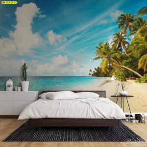 ห้องนอนกับภาพชายหาดแสนสงบ โทนอุ่นฟ้าใส วางเหนือหัวเตียงเพื่อบรรยากาศพักผ่อนลึกในบ้านหรือคอนโด