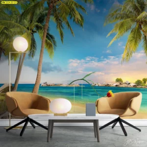 ภาพวอลเปเปอร์ชายหาดและต้นมะพร้าวในห้องรับแขกที่มีโซฟาสีน้ำตาลและโต๊ะสีขาวสไตล์โมเดิร์นน้ำทะเลสีฟ้าสดใสเหมือนอยู่ชายทะเล