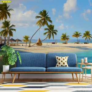 ชายหาดทรายขาวต้นมะพร้าวเอนกับโซฟาบลูเกรย์ มุมพักอ่านหนังสือและถ่ายรูปสำหรับพื้นที่ส่วนกลาง