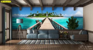วอลเปเปอร์สะพานไม้สู่เกาะเขตร้อนตกแต่งห้องรับแขกครอบครัว เพดานคานไม้โซฟาสีฟ้าเทาสไตล์รัสติกโมเดิร์นสร้างบรรยากาศผ่อนคลาย